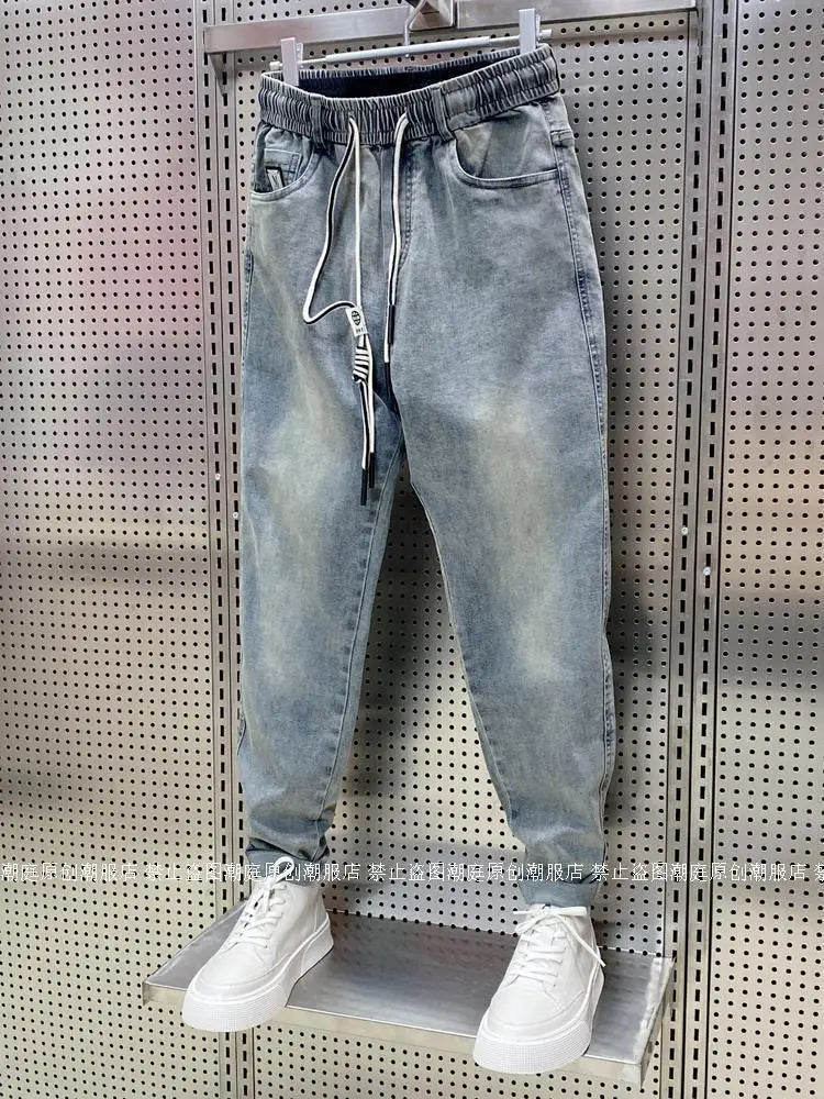Spring Autumn New Kpop Loose Casual Men's Jeans Pants High-end Brand Loose Straight Pants Elastic Harlan Casual Trendy Dad Jeans