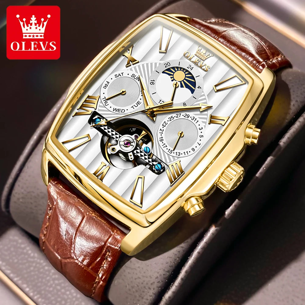 OLEVS 6675 Mens Watch Flywheel Multifunctional Chronograph Mechanical Watch Leather Strap Square Watches For Man High Quality
