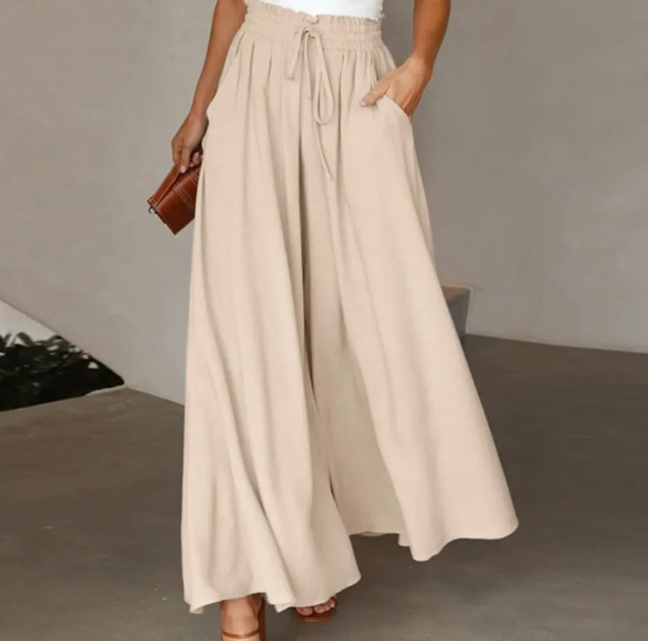 Women Casual Elastic Waist Wide Leg Pants Summer Elegant Drawstring Loose Straight Trouser Elegant Solid Pants Vacation Beach