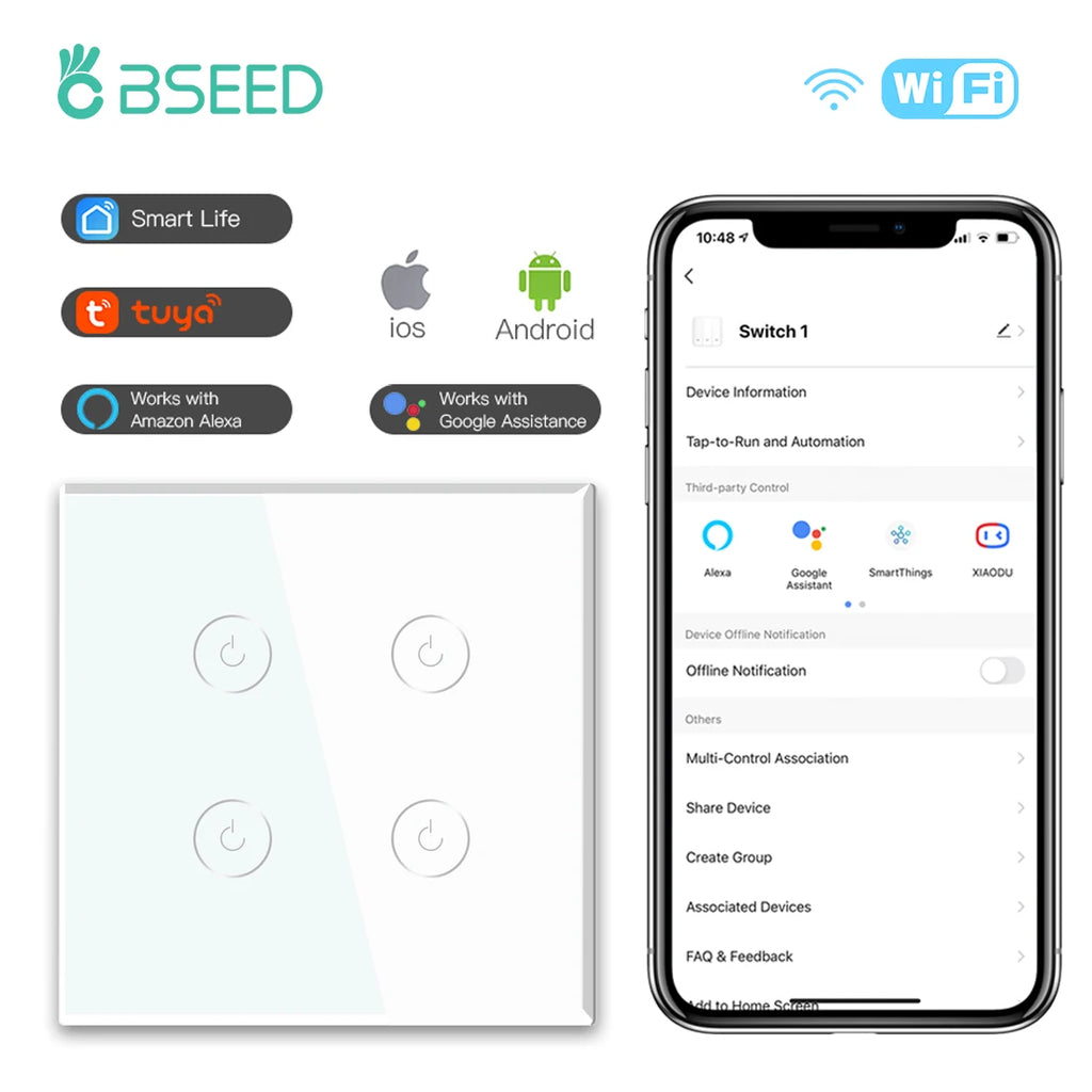 BSEED WIFI Touch Switches 1/2/3/4Gang Smart Light Switches Wall Stair Switches Tuya Control Smart Life APP Multi-Control Neutral