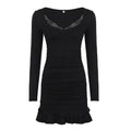 Fashionable Deep V-Neck Lace Panel Slim Fit Sexy Pleated Short Skirt Dress High Waist Milk Fiber Long Sleeve for Neutral Use