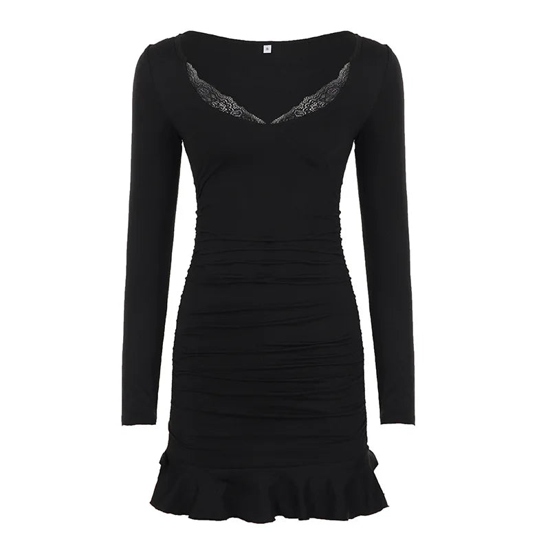 Fashionable Deep V-Neck Lace Panel Slim Fit Sexy Pleated Short Skirt Dress High Waist Milk Fiber Long Sleeve for Neutral Use
