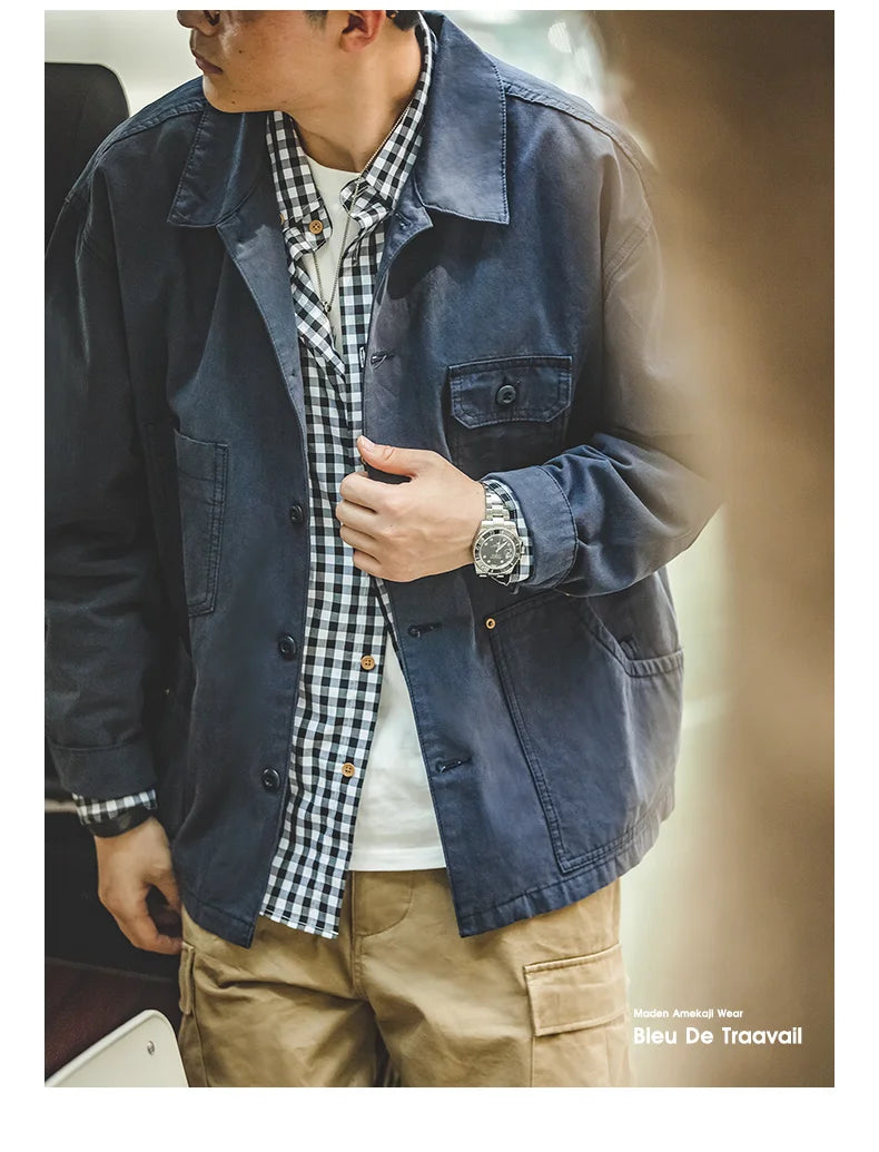Maden Autumn Navy Blue Hunting Jacket for Men Turn-down Collar Asymmetrical Multipocket Cotton Casual Outerwear Coat Loose-fit