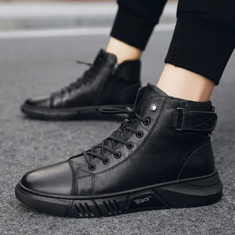 Men's Breathable Leather Casual High Top Leather Shoes Casual Men's Shoes Desert Boots British Style Black Leather Boots