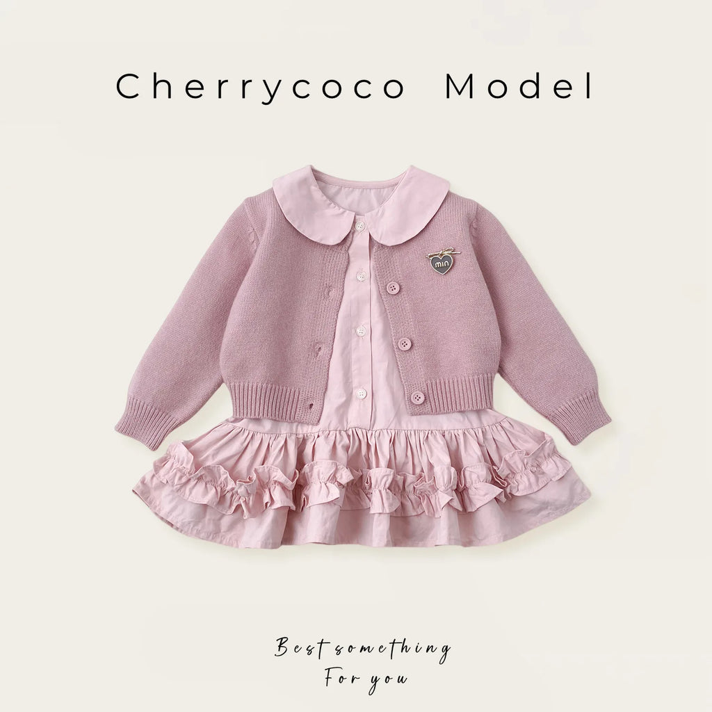 Girls Dress Set 2025 Spring and Autumn New Love Knitted Cardigan Sweater Ruffled Shirt Dress Two Piece Set