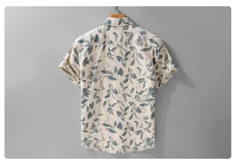 Summer New Printed Breathable Linen Cotton Short Sleeve Shirt for Men Clothing Casual Turn-down Collar Summer Shirt FY736