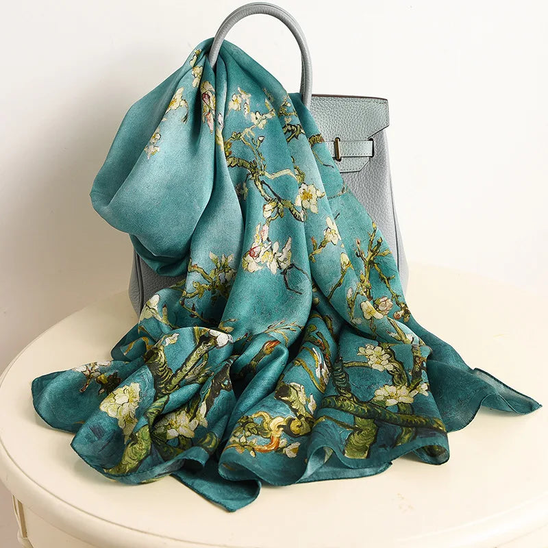 Birdtree, 9MM 100%Real Silk Scarf Shawl, Thin Plum Bossom Summer Beach Shawls Scarfs, Fall Winter Neck Head P36714QM