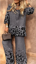 Fashion Leopard Print Set Lady Casual O Neck Three Quarter Tops+Wide Leg Pants Pieces Set For Woman Holiday Womens Clothing 2025