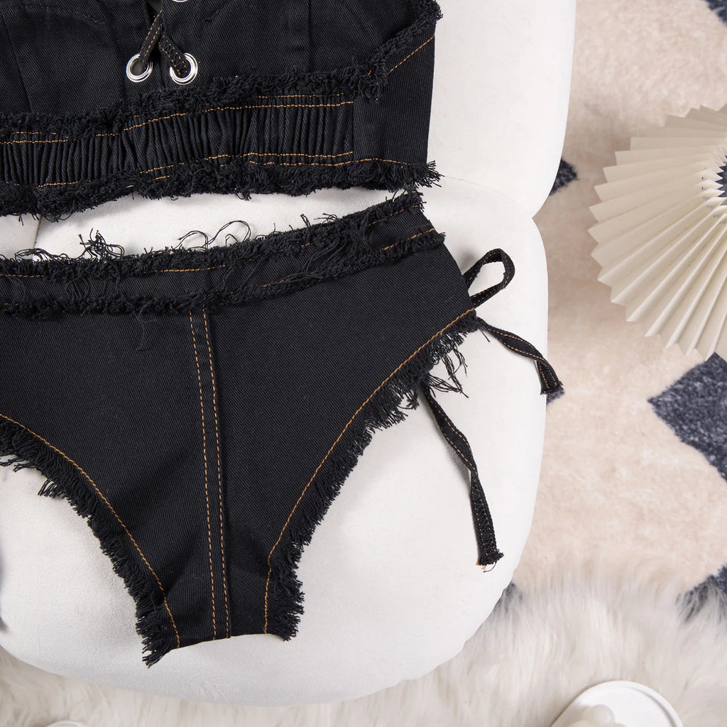 DEKA Retro Women Bikini Denim Suits Summer Halter Camis+ Mini Pant Lingerie Fashion Vacation Swimsuits Sexy Bra&Briefs Sets