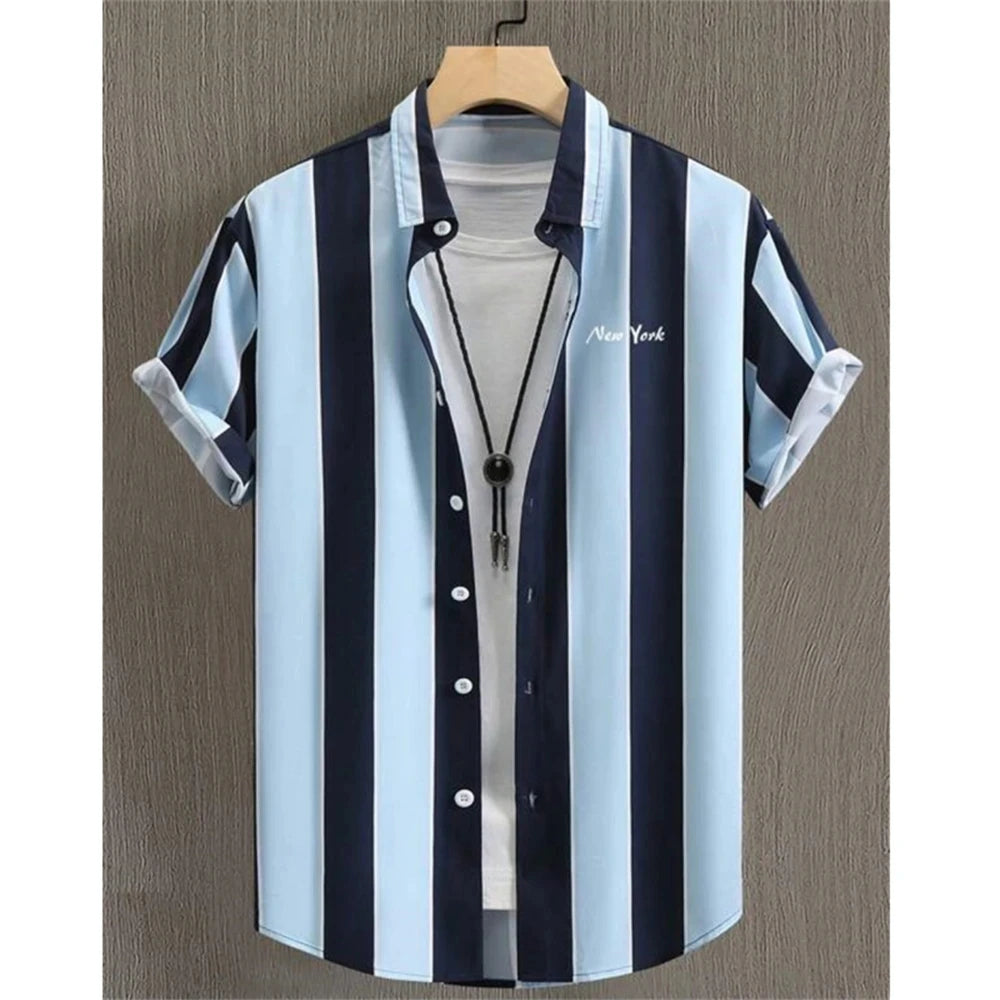 Summer Fashion Striped 3D Print Men's Shirts Basic Graphicsbutton Short Sleeve Lapel Streetwear Hawaiian Blouse Shirts for Men