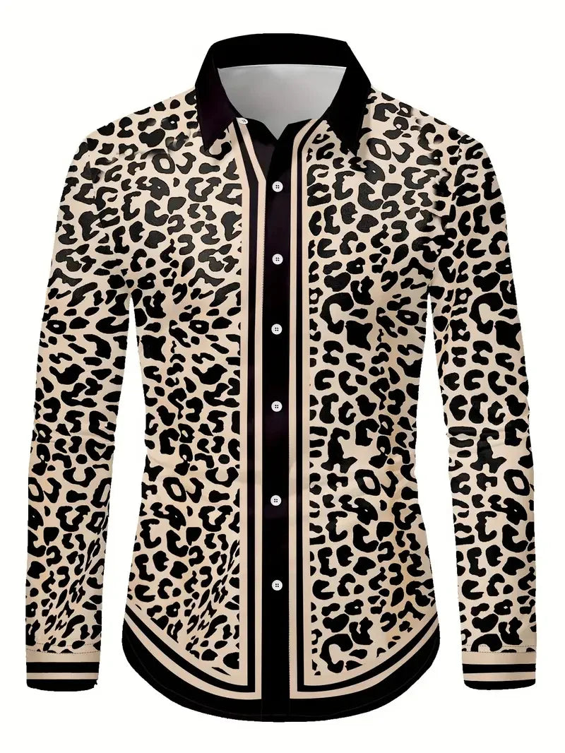 High Quality Men's Leopard Printed Button Shirt Baroque Chain Long Sleeves Party Casual Flap Long Sleeves