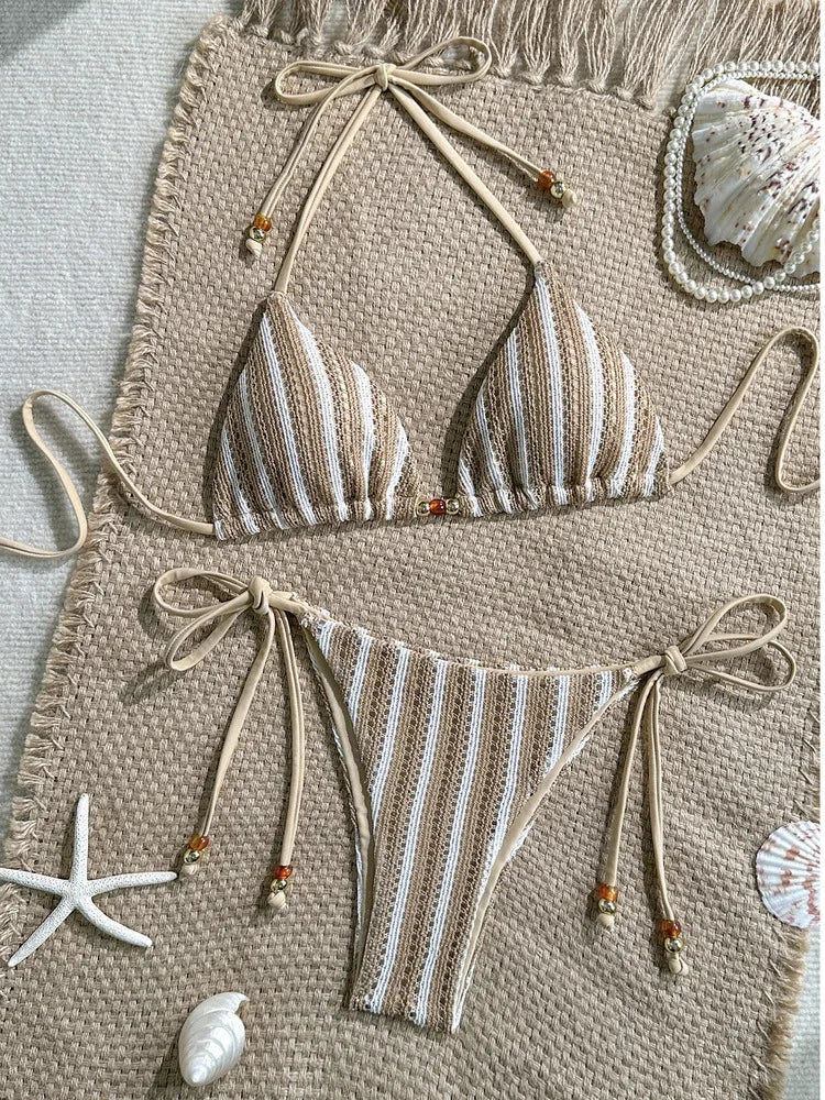 2026 Summer Women's Striped Knitted Solid Color Bikini Set Sexy Fashion Beach Vacation Bandage Swimsuit