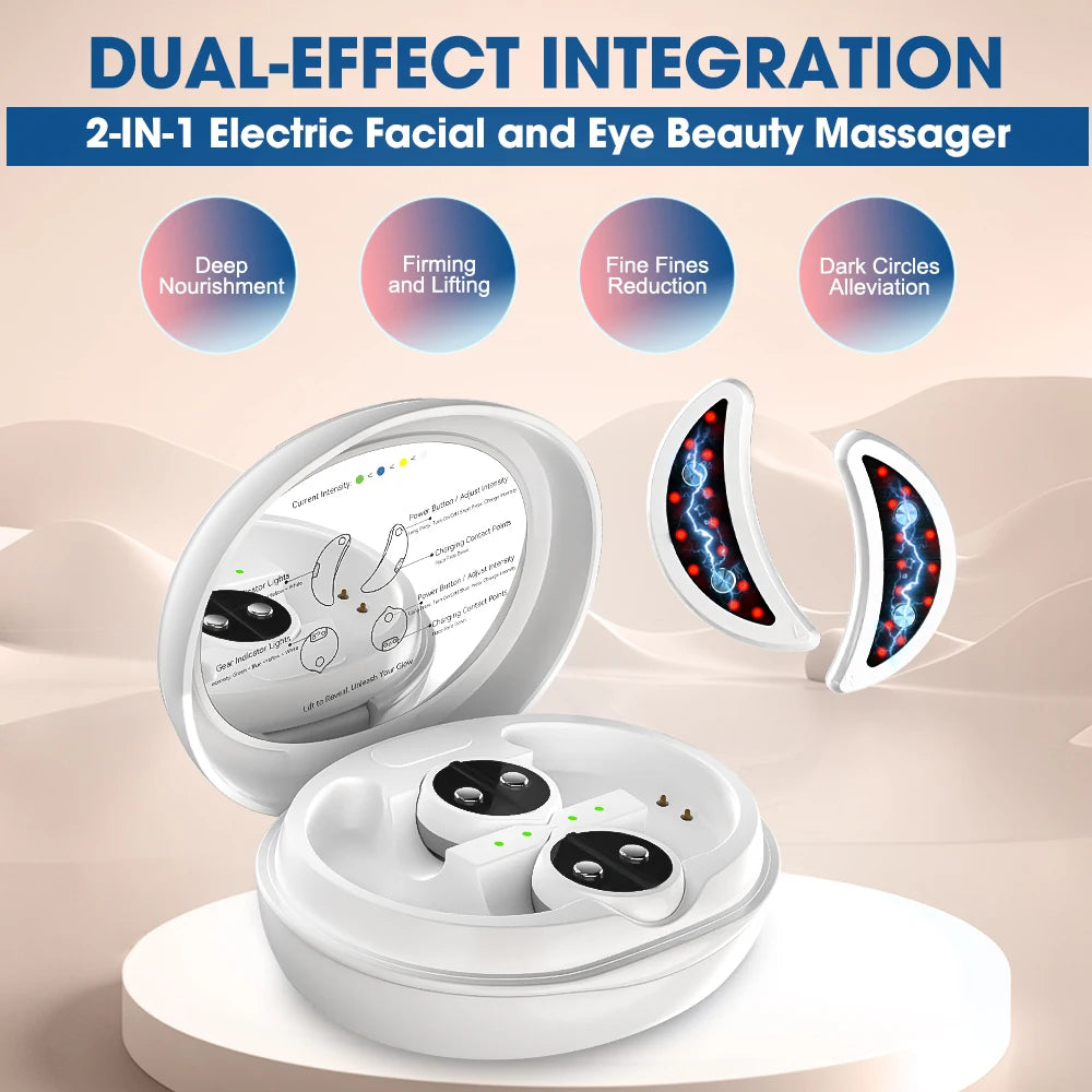 2-IN-1 Face & Eye Beauty Massager Micro-current Red Light EMS Anti Aging Bags Dark Circles Reduce Electric Eye Rejuvenation Pads
