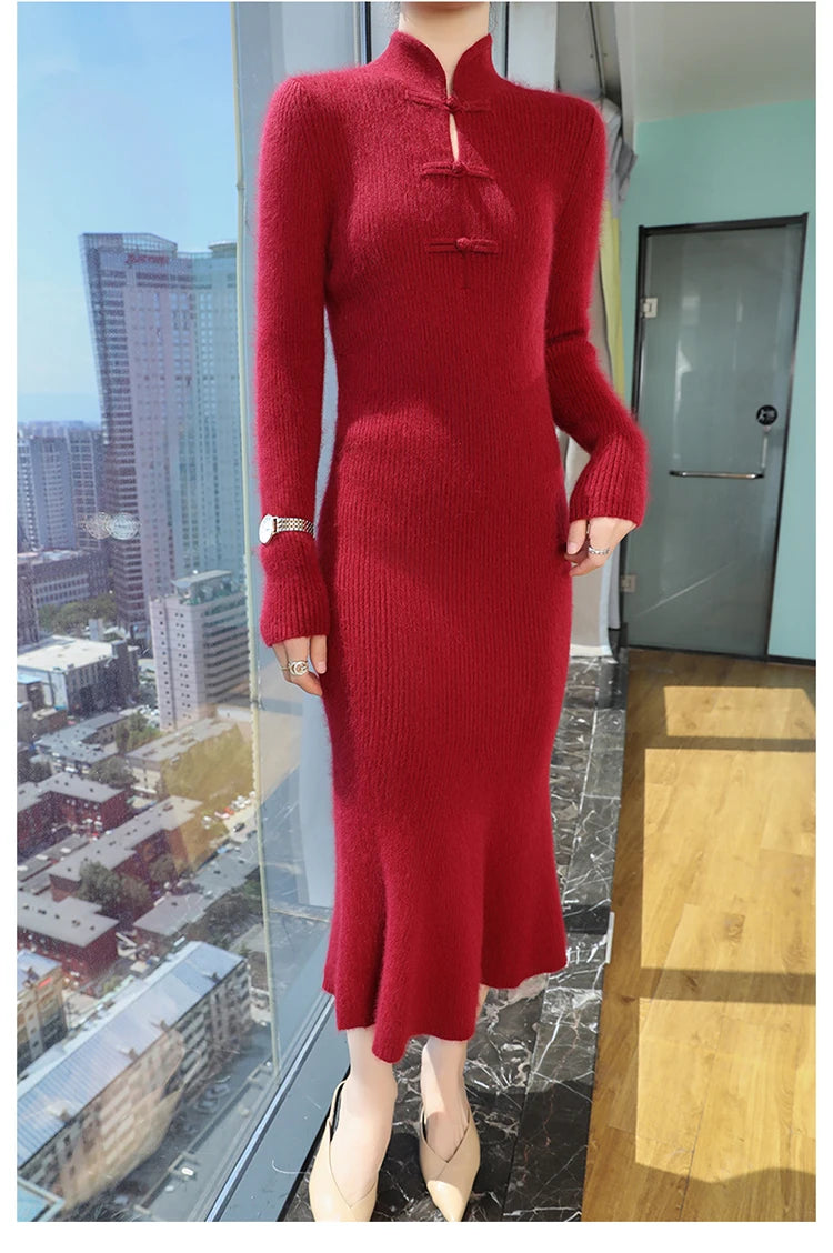 100% Mink Cashmere Knitted Dress Ladies Stand Collar Buckle Long Skirts Retro High Waist Over Knee Slim Dress New Thick Sweater