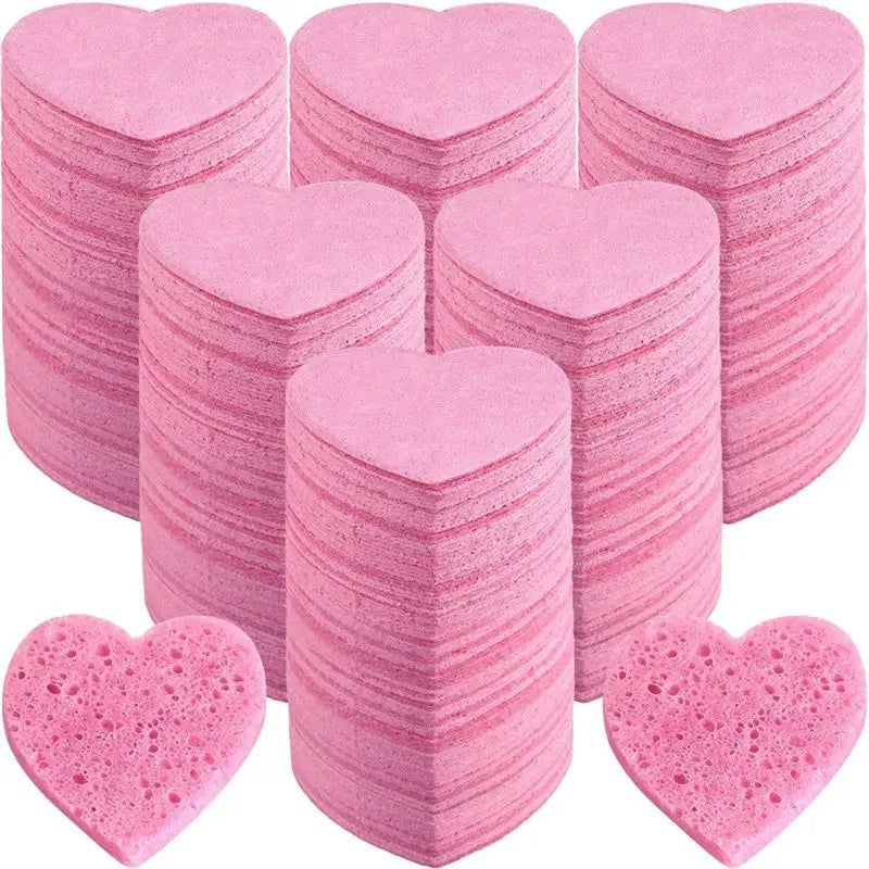 BAAG-100 Count Compressed Facial Sponges Heart Shape Face Sponges Natural Facial Cleansing Sponges Pads Pink For Cleansing