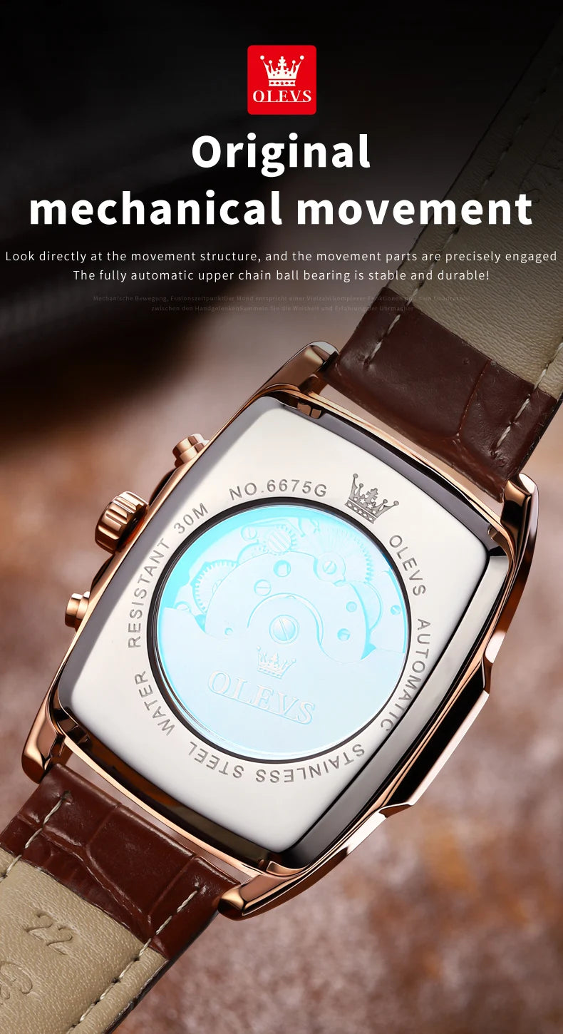 OLEVS 6675 Mens Watch Flywheel Multifunctional Chronograph Mechanical Watch Leather Strap Square Watches For Man High Quality