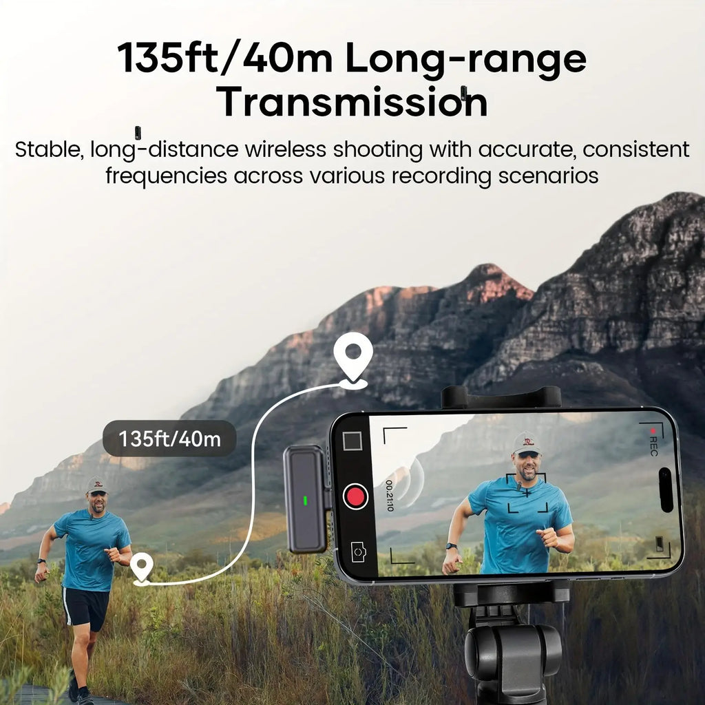 Wireless lavalier microphone with charging case, LED battery level display, 36-hour battery life, DSP noise reduction, 135-foot range, plug-and-play clip-on microphone, compatible with iPhone, iPad, Android, vlogging, and liv