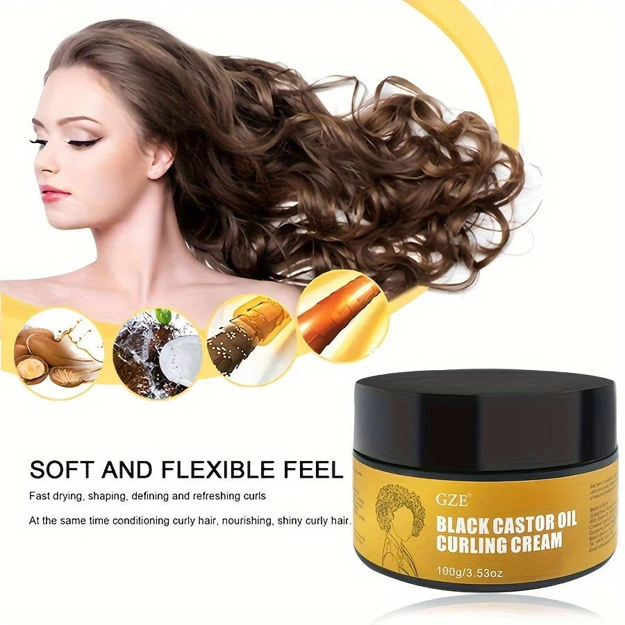 GZE Black Castor Oil Curl Defining Cream Non-stick Hydrates & Eliminates Frizz, Hair-Smoothing Anti-Frizz Cream to Define