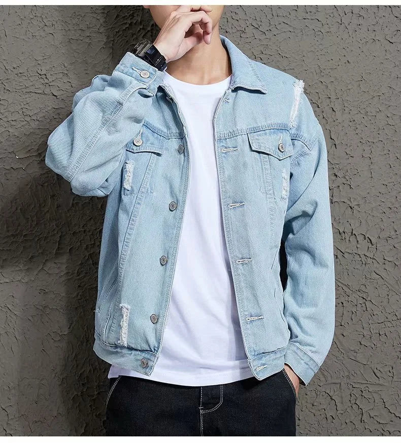 Customizable Men Denim Jacket Streetwear Hip Hop Men's Hooded Jean Jackets Male Casual Loose Outerwear Fashion Slim Fit Coat