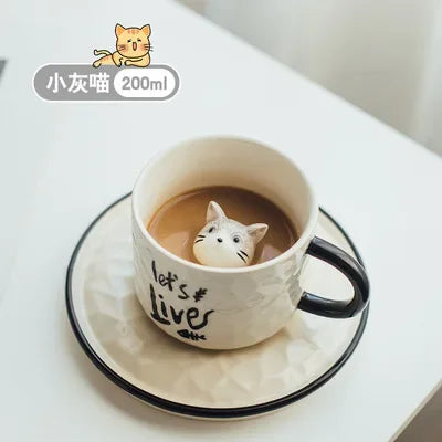 Modern Cartoon Cute Cat Ceramic Coffee Cup with Saucer Cute Cat Animal Porcelain Mug for Kids Birthday Gift Breakfast Milk Mug