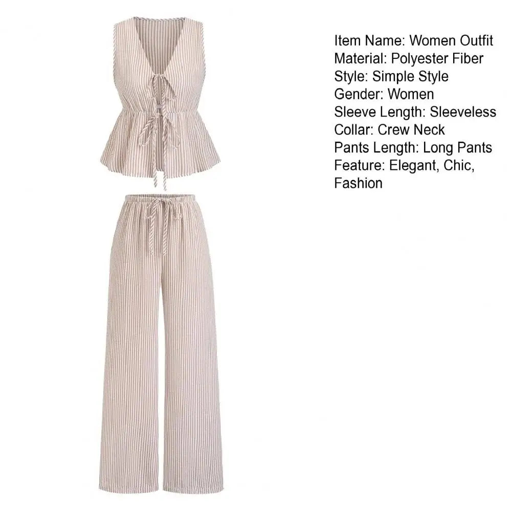 Women's Summer Striped Lace-up 2 Piece Outfits Tie Front Ruffle Lightweight Sleeveless Tank Top and Wide Leg Pants Lounge Sets