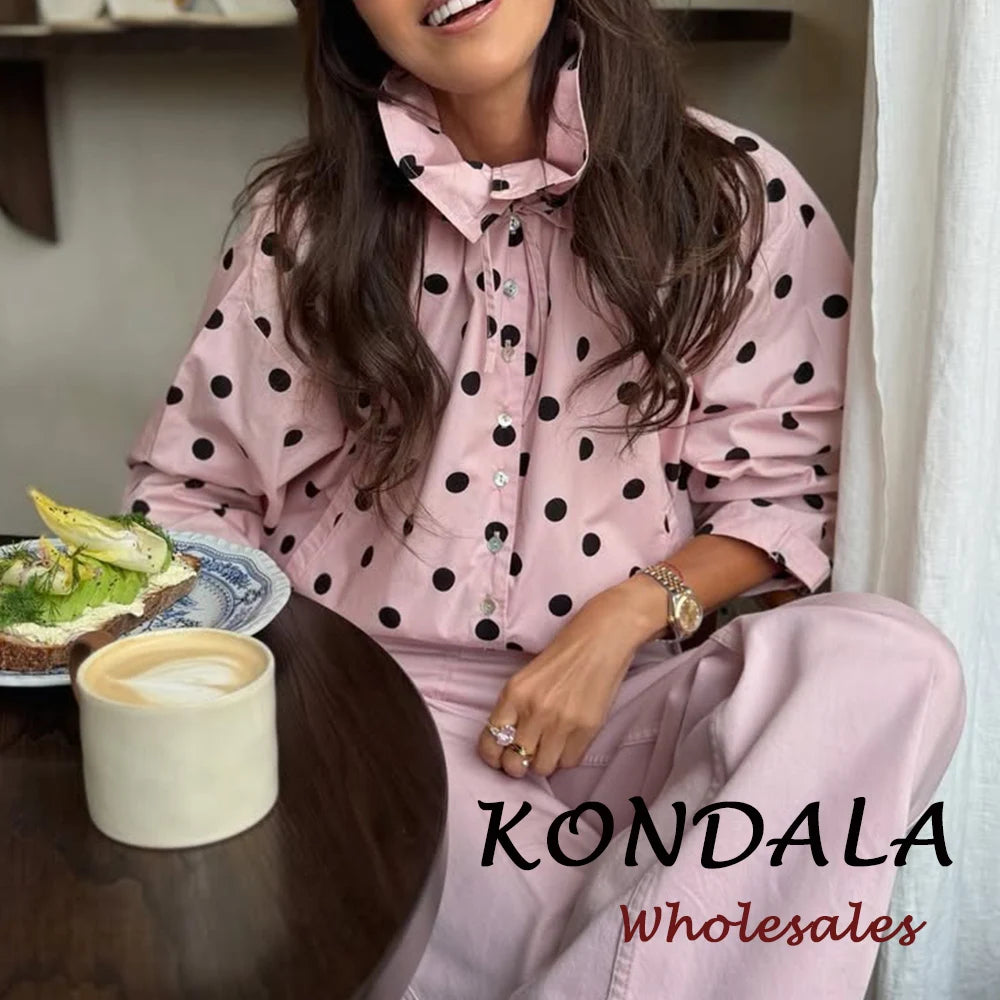 KONDALA Vintage Pink Polka Dot Pink Women Elegant Shirt Fashion 2026 Single Breasted Shirt Chic Night Party Fall Female Blouse