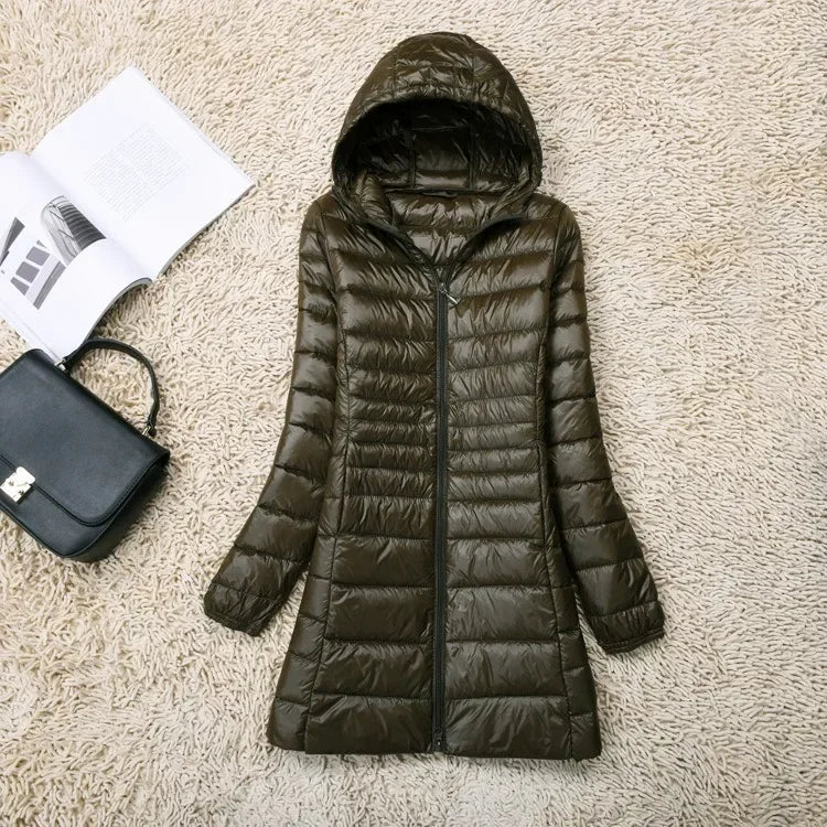 Plus Size White Duck Down Jacket Light-weight Down Jacket Women Inner Cloth Coat Ladies Long Winter Hat Hooded Femal