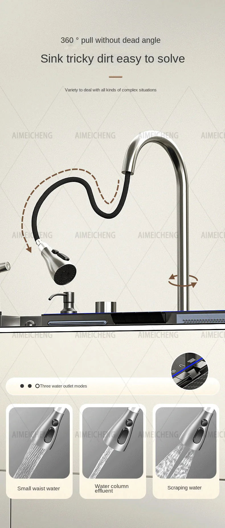 Hot Selling Stainless Steel Waterfall Kitchen Sink With Knife Holder Digital Display Faucet Set Embossed Extra Large Single Slot