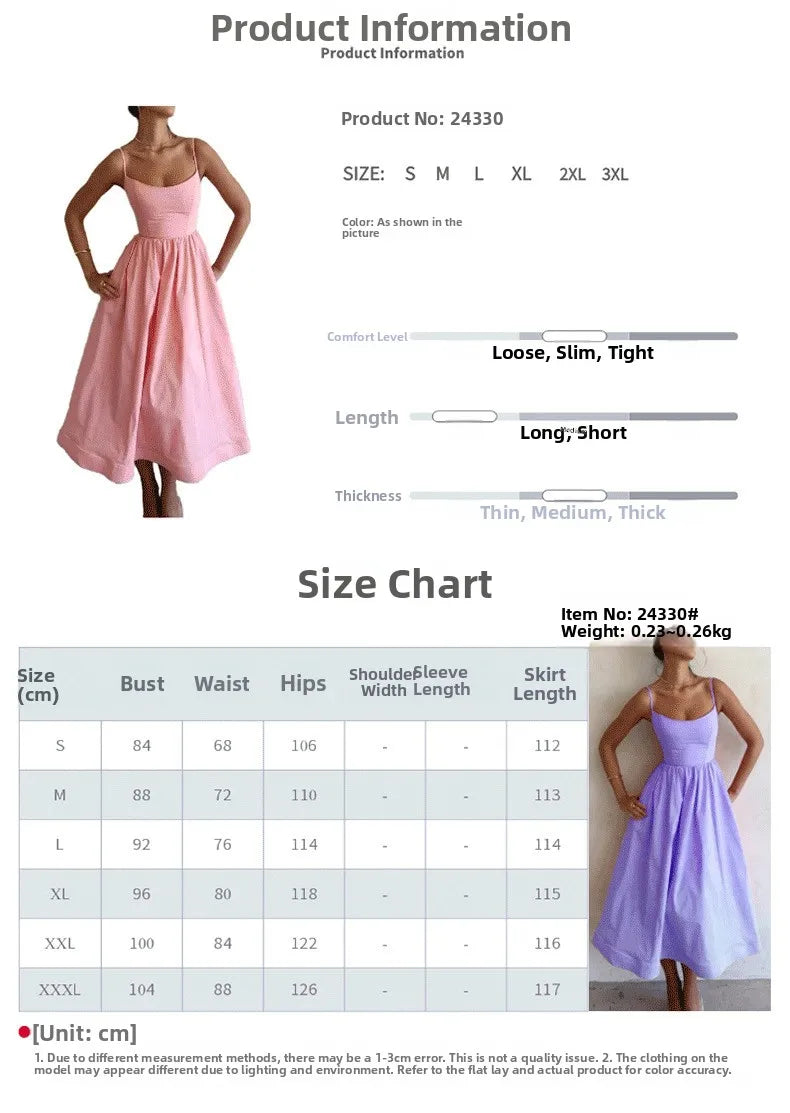 Summer Sexy Women's Strap Dr High Waist A-Line Midi Skirt No Sve Polyester Fabric Commute Sle Folded Drape Gown