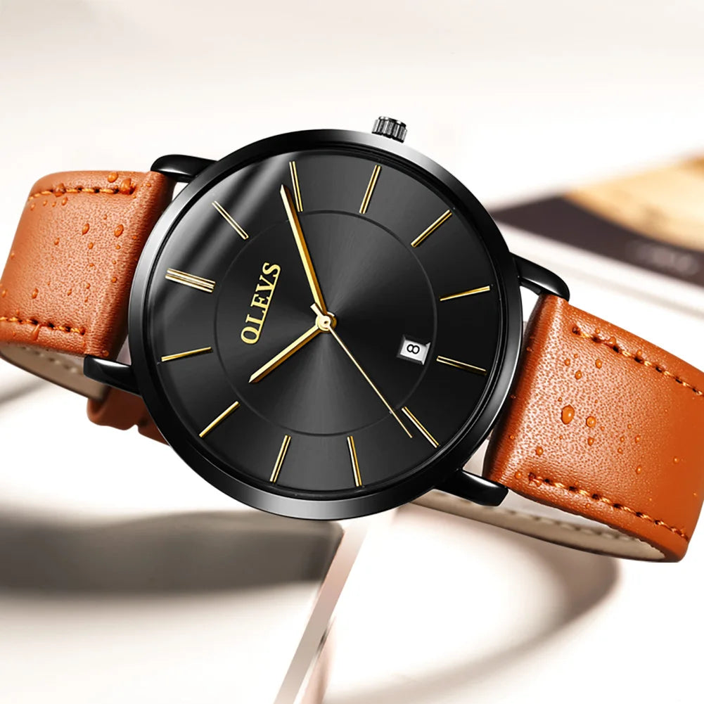 OLEVS 5869 Ultra Thin 6.5mm Quartz Watch for Men Fashion Leather Strap Simple Luxury Auto Date Clock Men's Wristwatch Waterproof