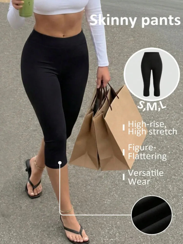 Womens Elegant Solid Black High Waist Capri Leggings Sexy Elastic Slim Breathable Bottom Four Seasons All Year Casual Sweatpants