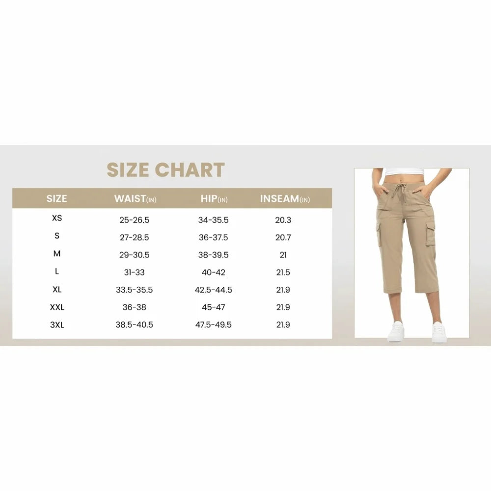 Quick Dry Fabric Women’s Hiking Pants Lightweight Feel Elastic Waistband Capri Pants Multiple Pockets Cropped Length Cargo Pants