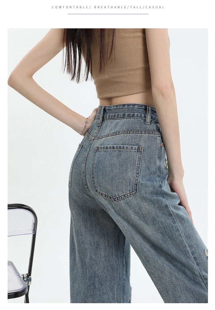 New Ripped Casual Loose Women Jeans High Waist Blue Korean Straight Pants Female Chicly Fashion Street Slim Woman Jeans