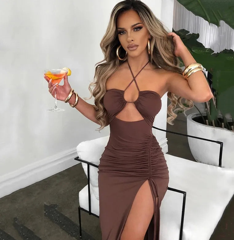 Women's Elegant Party Summer Sleeveless Halter Neck High Waist Pencil Dress Long Backless Cross Strap with High Slit Bodycon