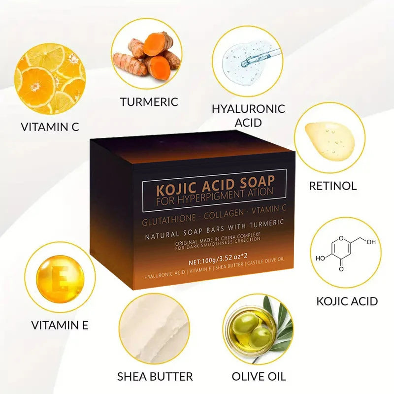 Kojic Acid Soap Turmeric Vitamin C Retinol Shea Butter Olive Oil Hyaluronic Acid Daily Facial Body Cleansing Natural Soap Bar