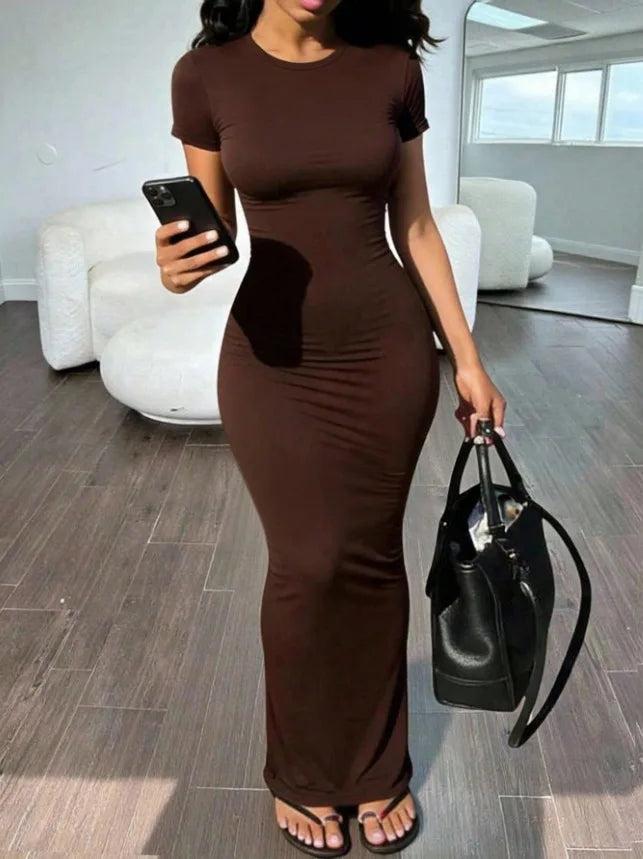 Sexy Skinny Women's Bodycon Party Dress Fashion O-neck Short Sleeve Solid Color Wraped Hip Package Long Dress Female Sexy Dress