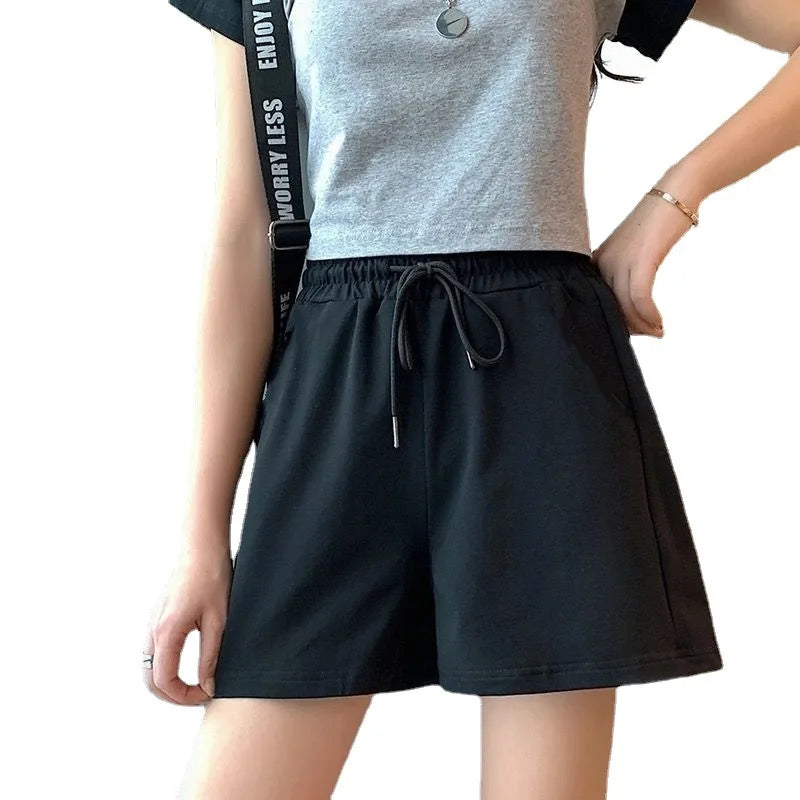 New Arrival Summer Women Casual Shorts High Waist Loose Fit Drawstring Waist Solid Color Hot Pants