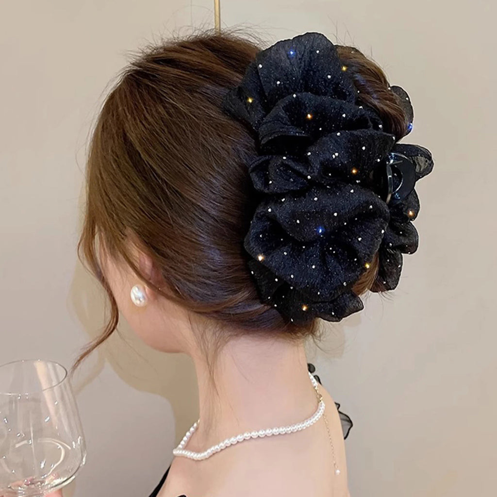 Glitter Rhinestones Hair Claw Clip Double Sided Mesh Bow Hair Clip Creative Large Shark Clip For Women Hair Styling Decorative