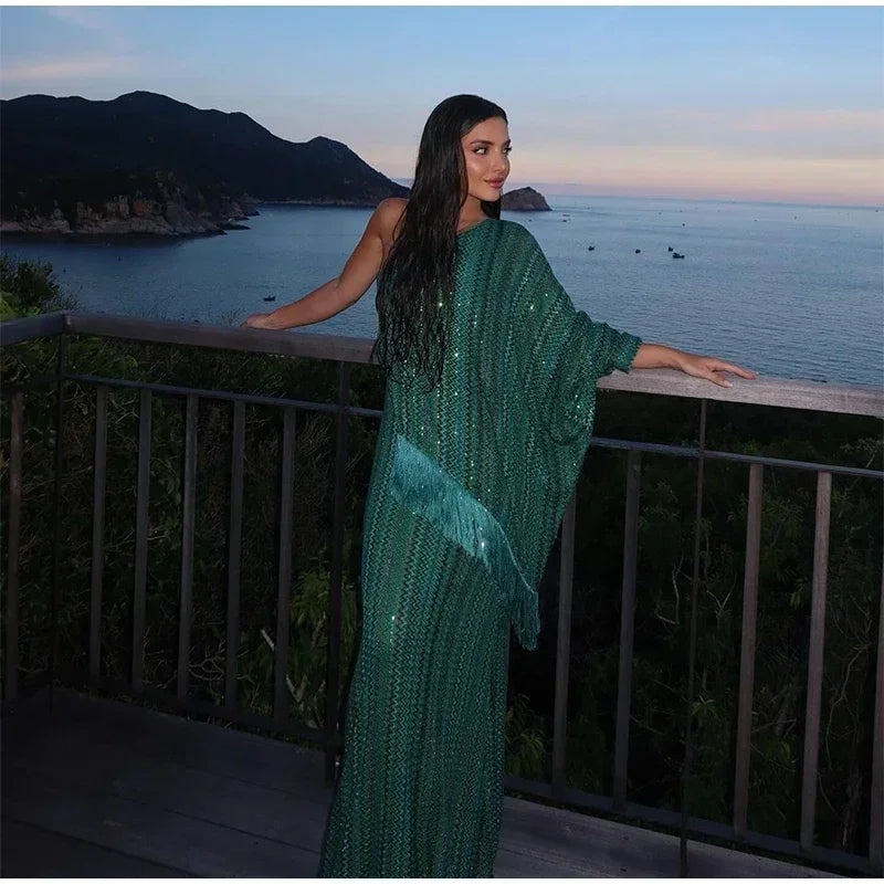 Elegant Tassel Hem Long Dress Women Loose V-neck Full Sleeve Scarf Dresses 2025 Autumn Party Evening Dresses Luxurious Lady Robe