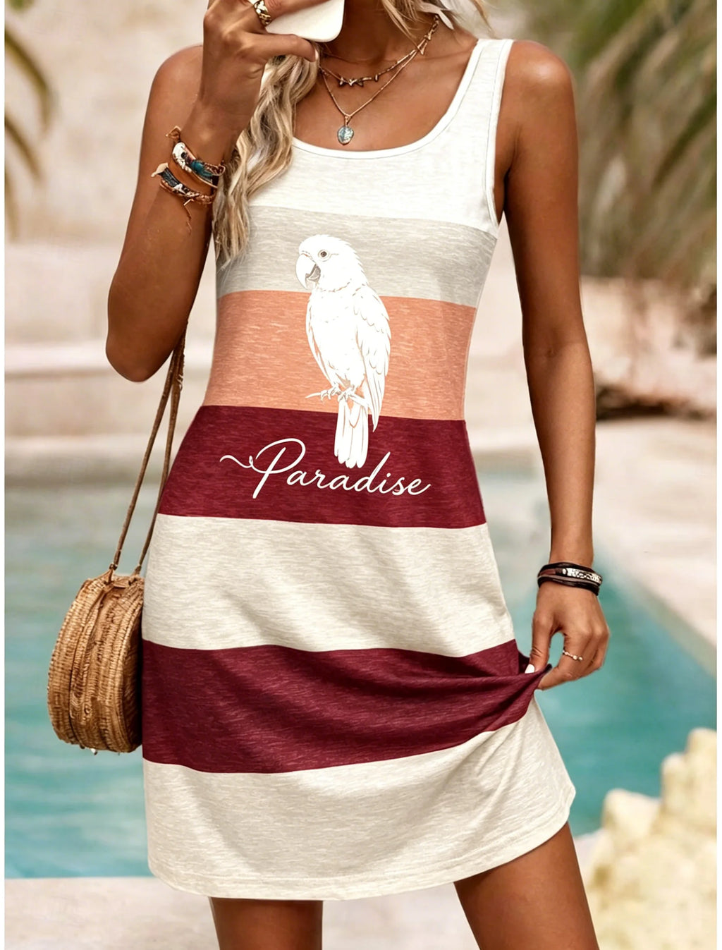 Women's U-Neck Color Block Monstera Breathe Print Sleeveless Casual Tank Dress Beach Vacation Mini Dress for Spring Summer