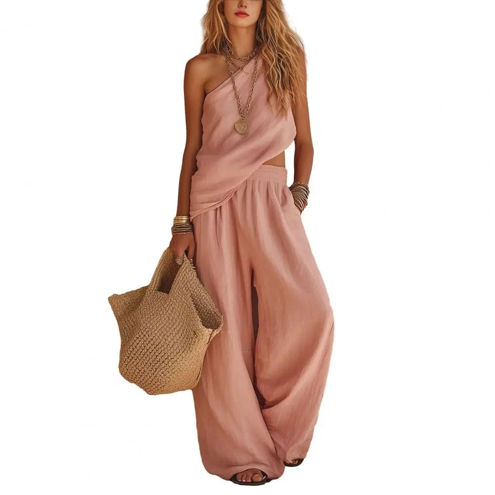Cotton Linen 2 Piece Sets , One Shoulder Sleeveless Wrinkle Resistant Top Wide Leg Pants , Summer Vacation Lounge Outfits