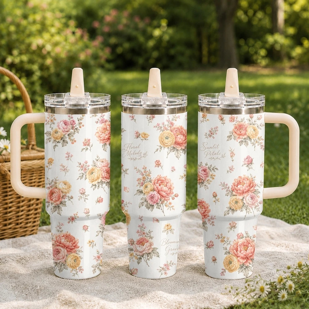 Vintage Floral Style Vacuum Flasks 40oz Stainless Steel Tumbler with Handle Straw Lid Vacuum Insulated Double Wall Leak Proof