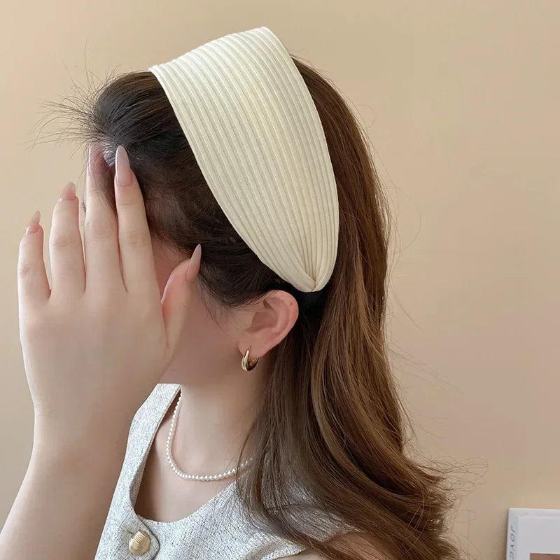 Solid Color Wide Edge Striped Yarn Headband High Head French Gentle Hair Accessory Popular Internet Celebrity Style