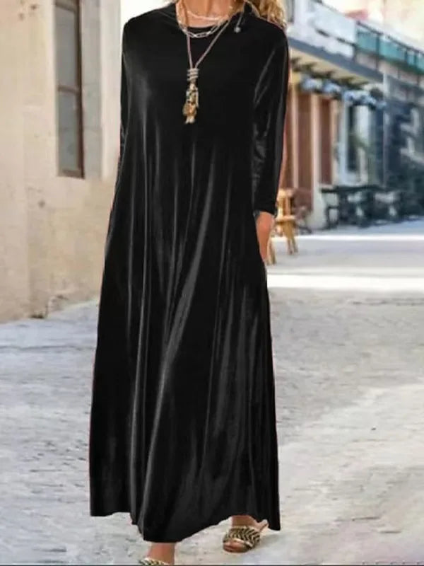 2025 Elegant Long Sleeve Velvet Dress Autumn Spring New Style Puffy Collar Slimming Tummy Covering Mid-Length Sleev Dress