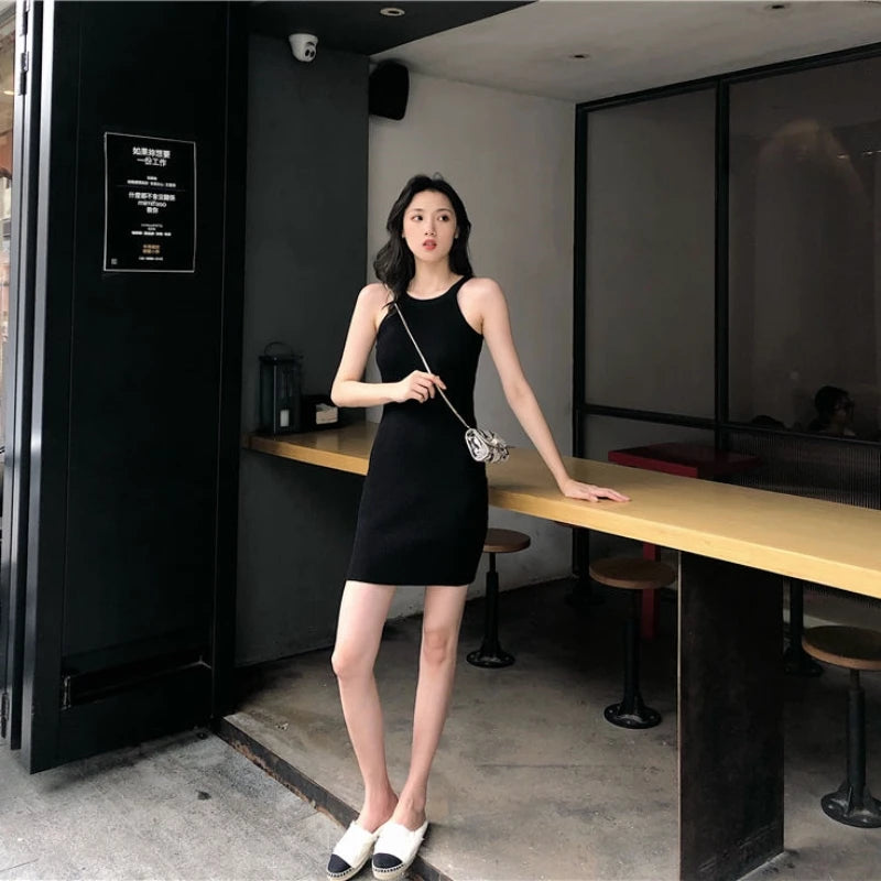 Summer New Style Hong Kong Flavor Slimming Sexy Girl Neck Hanging Bodycon Dress Shoulder Exposure Knitted Strap Dress Women