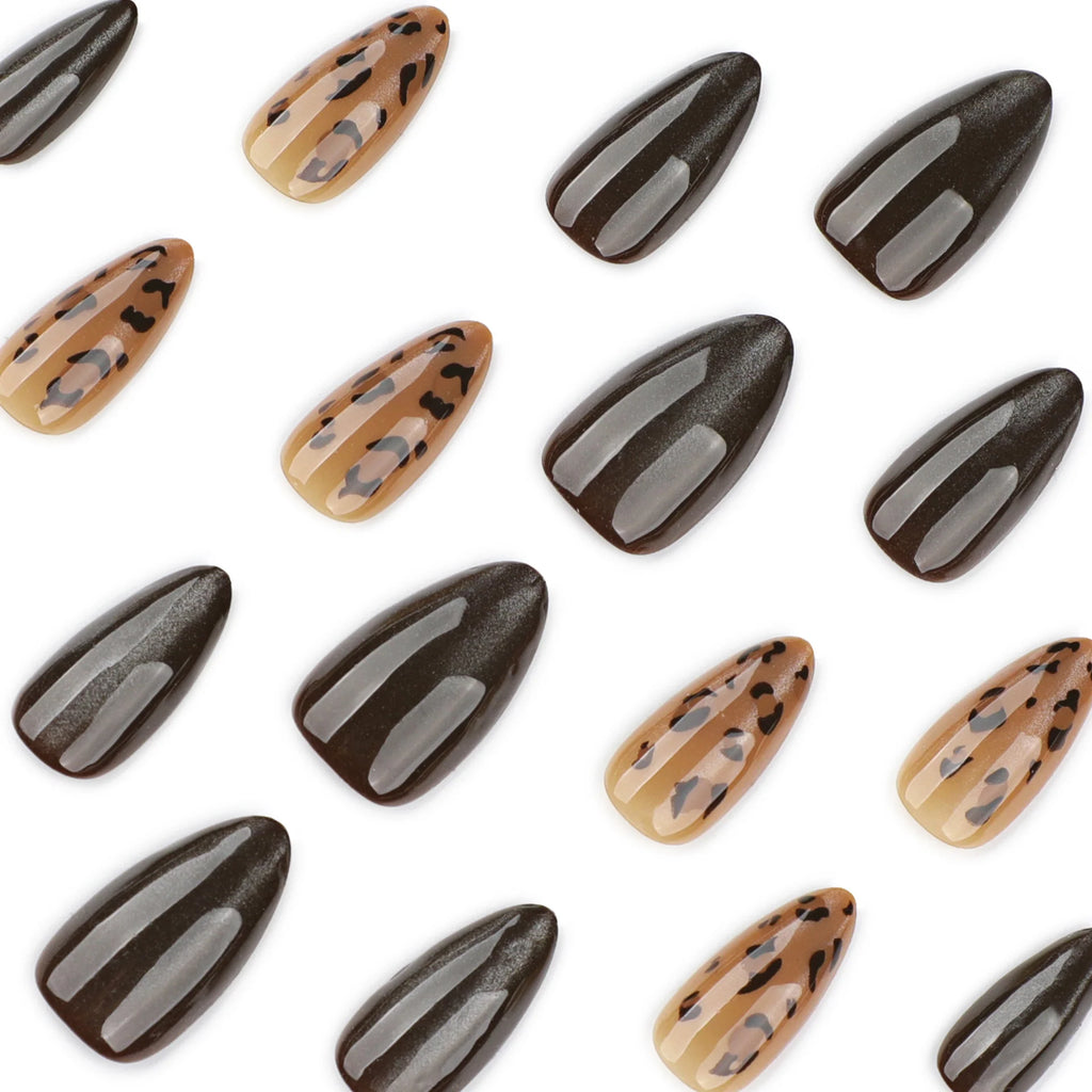 Autumn Winter Short Almond Shaped Wearable Nail Tips Leopard Print Cat Eye Design Ready-made Nail Art Tips for Easy Application