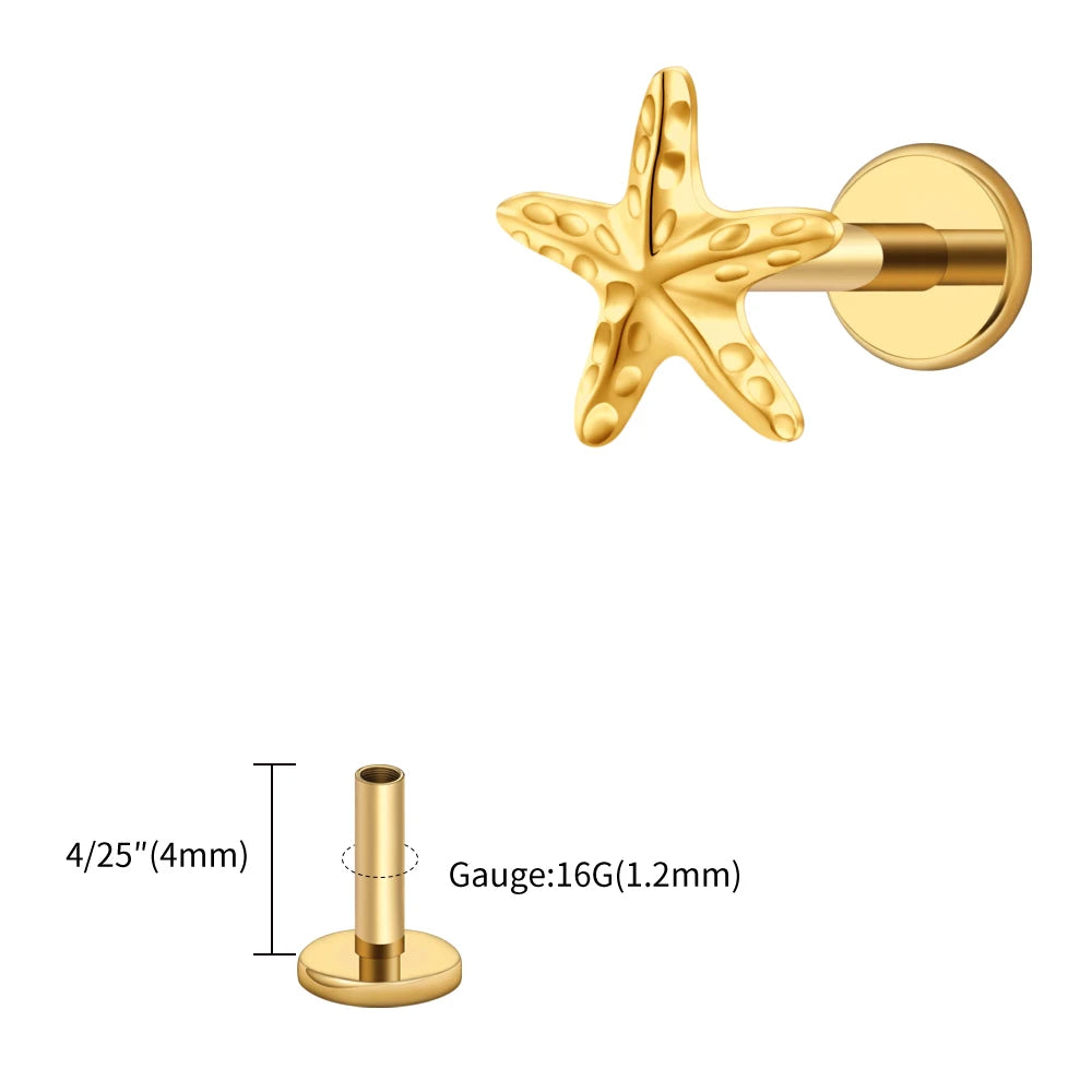 Right Grand ASTM F136 Titanium Tiny Starfish Cartilage Earring 16G Flat Back Labret Helix Stud Earlobe Piercing Summer Jewelry