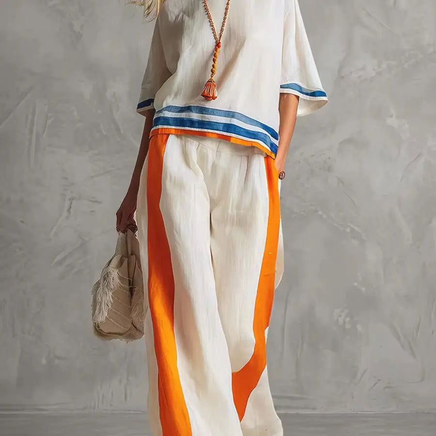 Women Boho 2 Piece Outfit Striped Trim Short Sleeve Tops Wide Leg Pants Summer Linen Casual Two Piece Set Vacation Suit