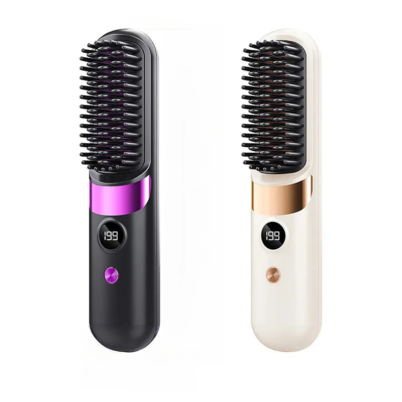 1Pc USB Charging Portable Hair Straightener Brush, Cordless Straightening Comb LED Display & Ceramic Coating, Ionic Technology