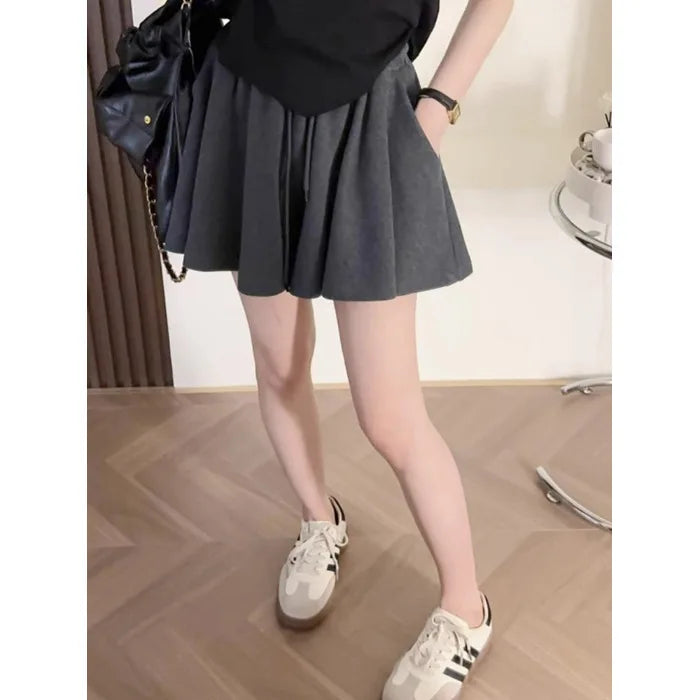 Women High Waist Drawstring Skort Solid A Line Wide Leg Casual Sports Pleated Shorts